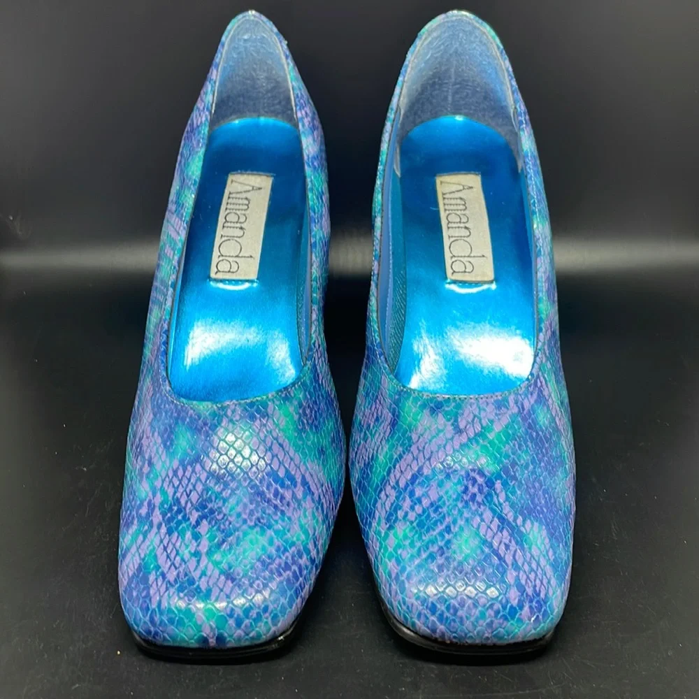 Vintage 90’s Amanda neon snake purple teal Square Toe Block Heels Size 9